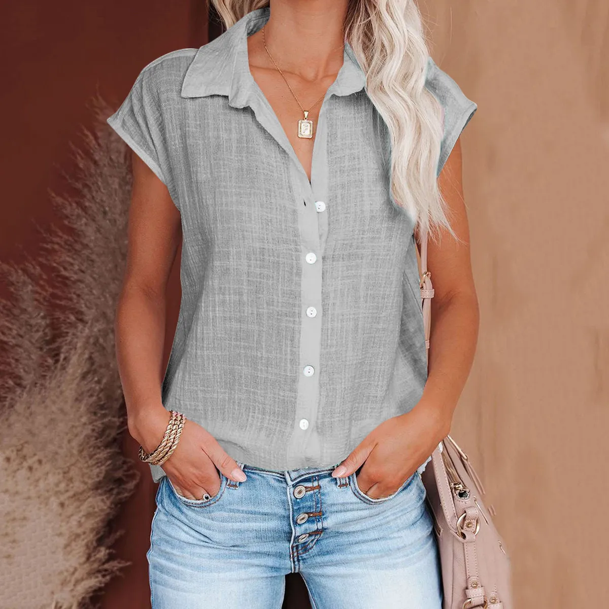 Summer Solid Color Single-Breasted Casual Women Sleeveless Blouse