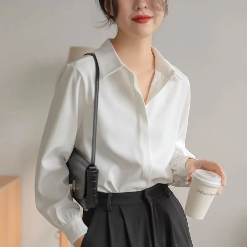Women's Anti-Wrinkle Long Sleeve White Blouse Loose Fit Princess Style Office Casual Shirt