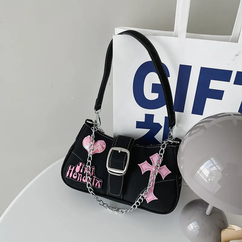 Gothic Dark Cross Chain Shoulder Bag - Street Trend PU Underarm Bag with Zipper