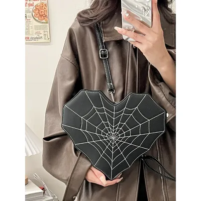 Gothic Creative Heart-Shaped Spider Web Backpack Street Trend PU Zipper
