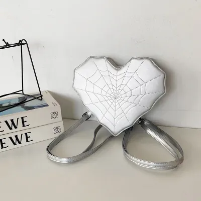 Gothic Creative Heart-Shaped Spider Web Backpack Street Trend PU Zipper