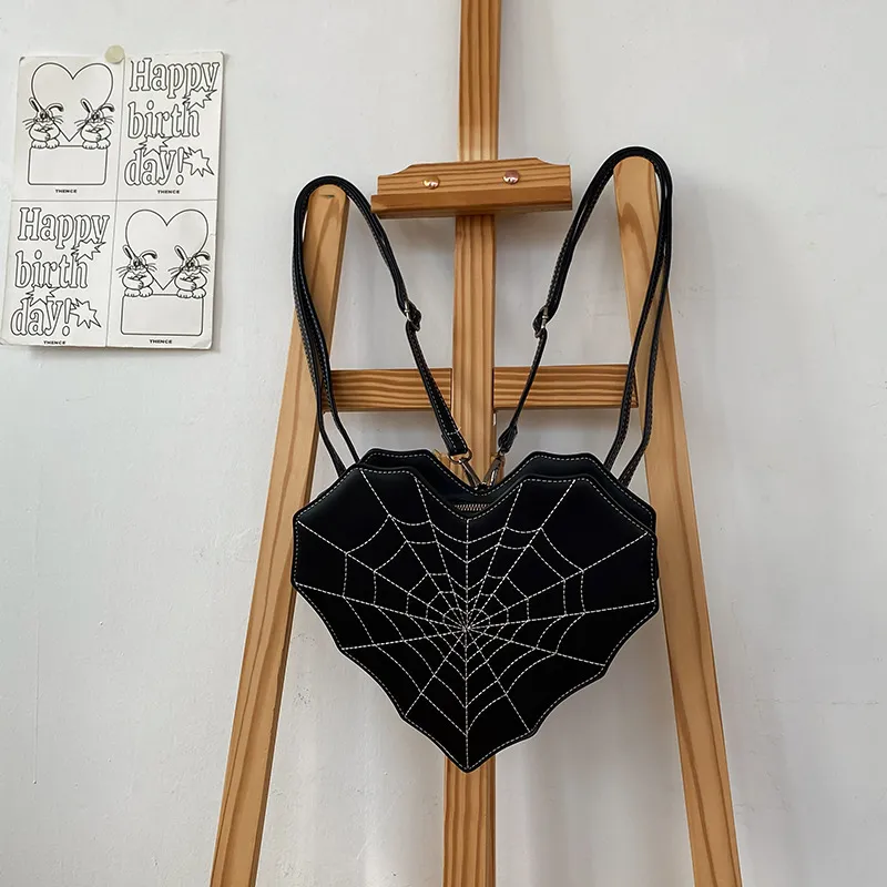 Gothic Creative Heart-Shaped Spider Web Backpack Street Trend PU Zipper