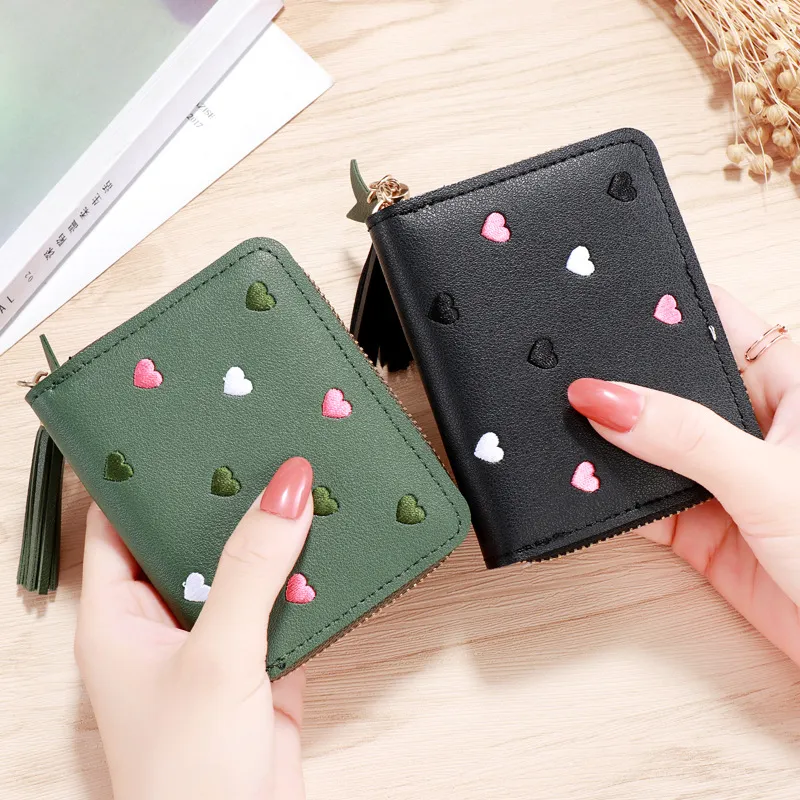 Women Fashion Casual Heart Pattern PU Leather Zipper Wallets