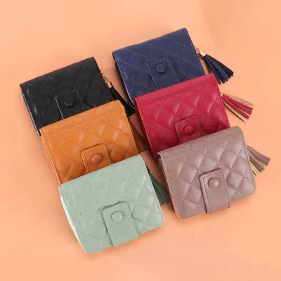 Women Fashion Casual Chic Solid Color Quilted PU Zipper Two-Fold Wallets