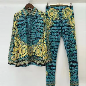 Women Retro Geometric Print Round Neck Long Sleeve Top Stretch Tight Pants Two-Piece Set