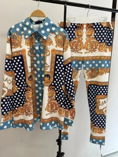 Women Retro Geometric Print Round Neck Long Sleeve Top Stretch Tight Pants Two-Piece Set