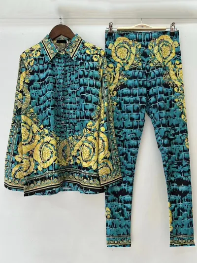 Women Retro Geometric Print Round Neck Long Sleeve Top Stretch Tight Pants Two-Piece Set