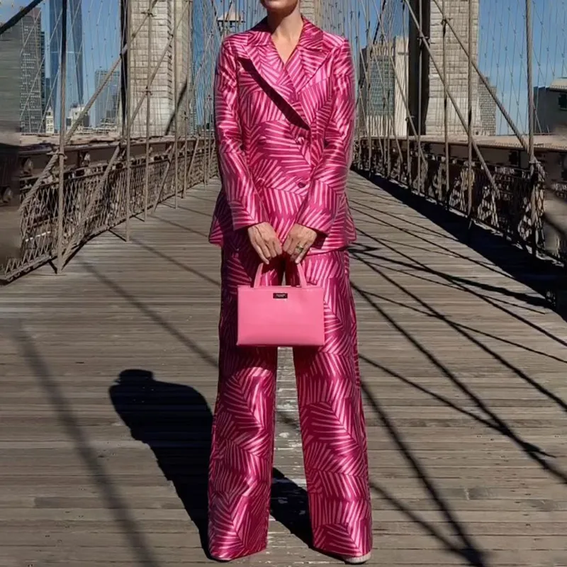 Women Fashion Solid Color Geometric Stripe Print Lapel Long Sleeve Blazer Jacket Wide Leg Pants Two-Piece Set