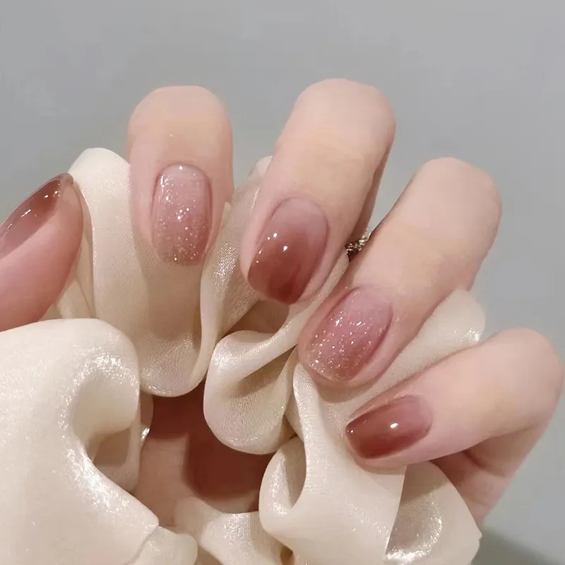 Women Simple Glitter Cat Eye Short Detachable Wearable Nail Piece Starry Sky
