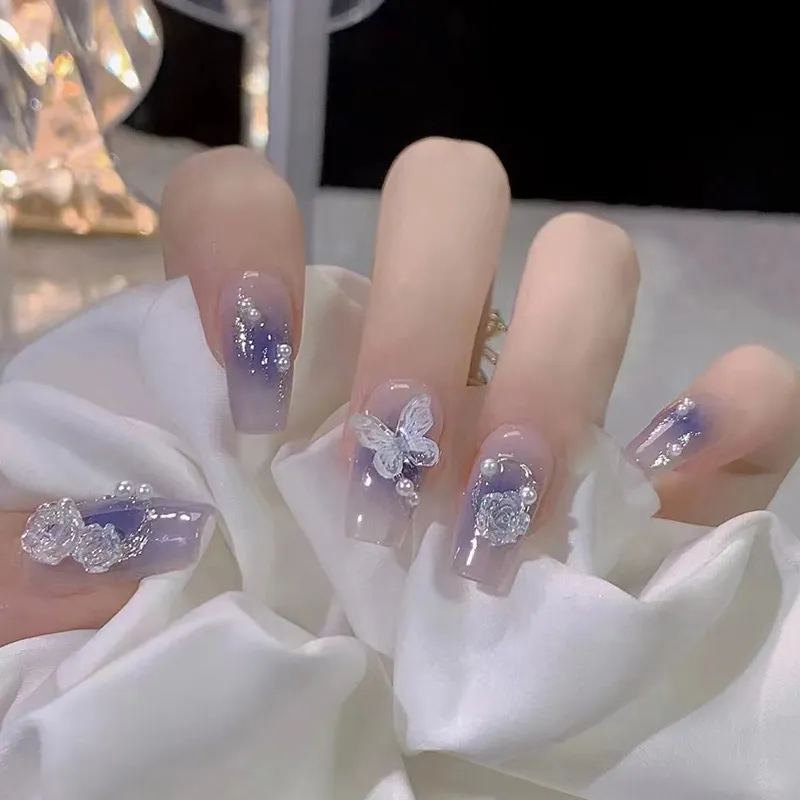 Blue Cool Girl Butterfly Rose Removable Fake Nails Medium Style Wearable Sweet Floral Pattern