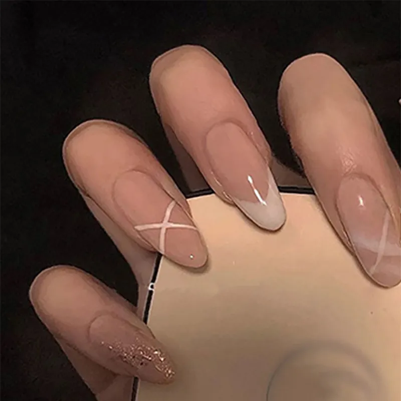 Nude Transparent Sweet Glitter Press On Nails Almond Plaid Medium 24Pcs