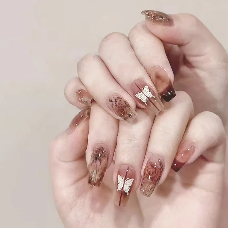 Simple Women Gothic Ice Penetration Rose Retro White Butterfly Long False Nail