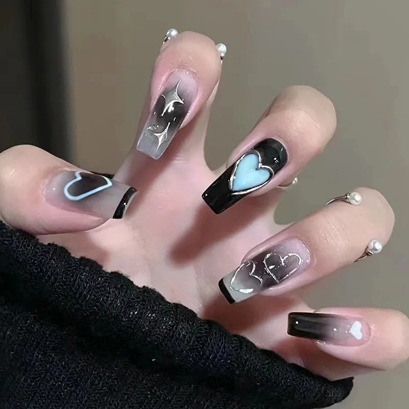 Fashion Dark Gothic Women Heart Coffin Press On Nails Long Wearable 24 Piece Box
