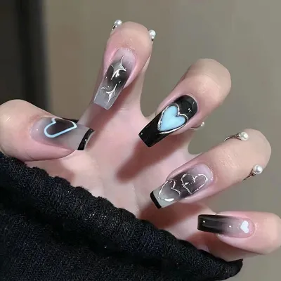 Fashion Dark Gothic Women Heart Coffin Press On Nails Long Wearable 24 Piece Box
