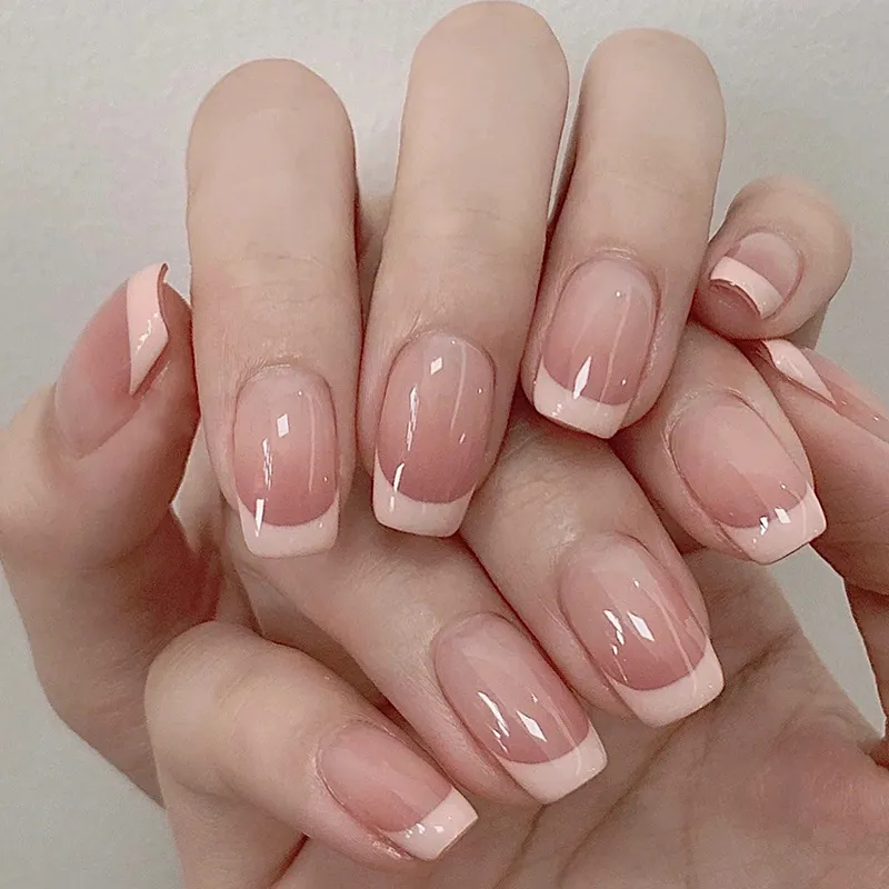 Gentle Women Ice Transparent Detachable Short Wearable Marble Fake Nails - Sweet French Simple Style