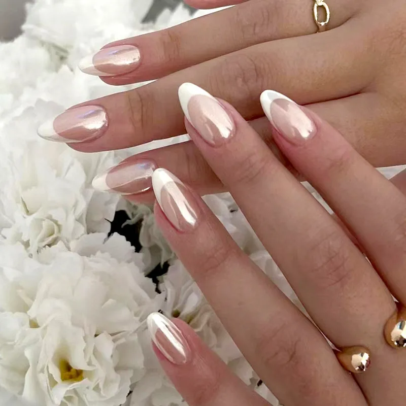 Simple Armor Pearl Powder Aurora Marble Fake Nail Patch Medium Style Wearable 24 Piece/Box