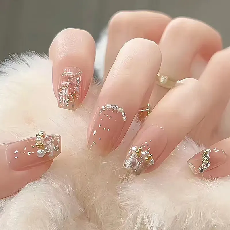 Fresh Gentle Style Fake Nail Patch Blush Pearl Rhinestone Flashing Nail Art Removable Wearable Nail Pieces