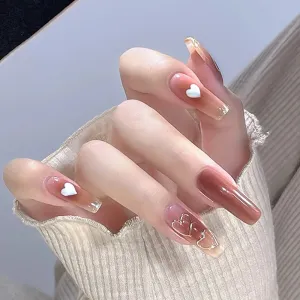 Sweet Blush Armor Heart Long Wearable Fake Nails for Women White Removable Autumn Winter