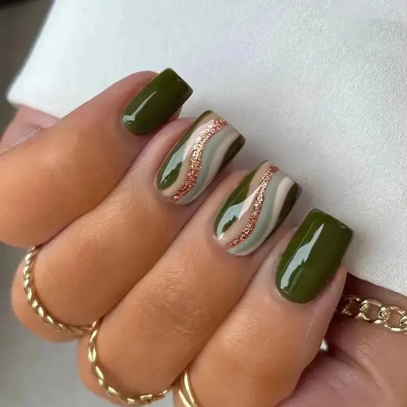 Olive Plaid Flash Ripple Medium Wearable Nail Piece - Beauty Nails