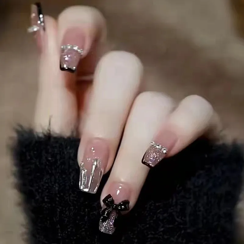 Gothic Bow Press On Nails Long Wearable Removable Black