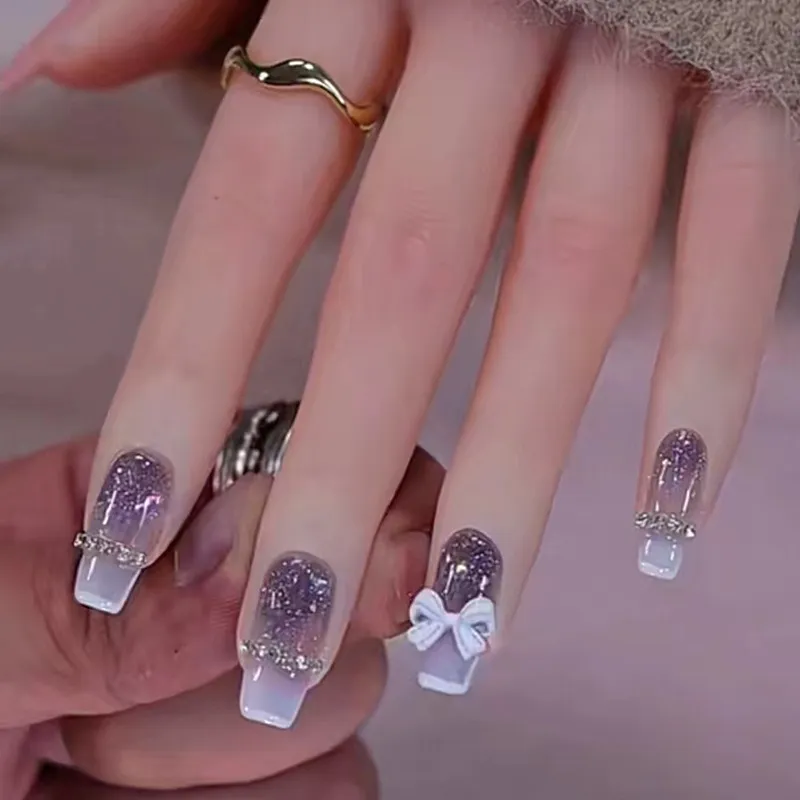 Rhinestone Bow Knot Long Ballet Press On Nails 24 Piece/Box