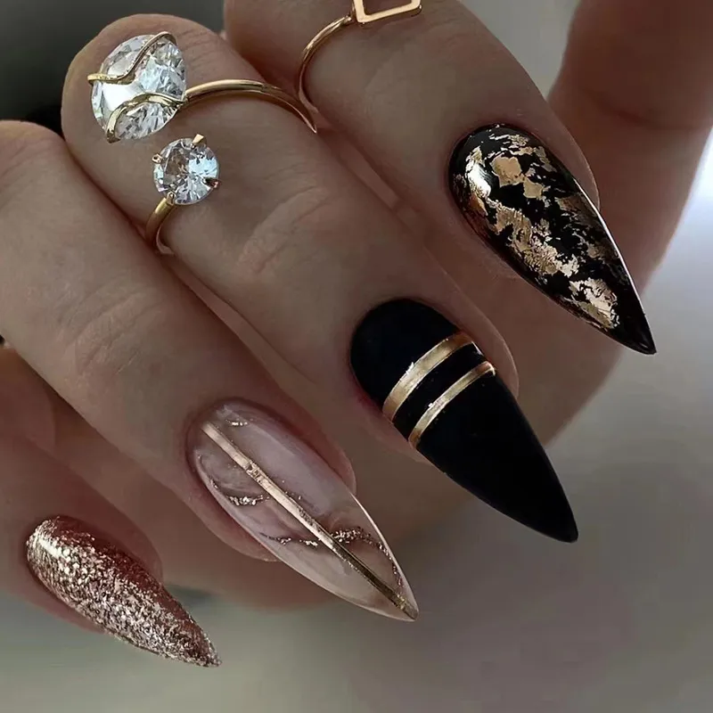 Dark Gothic Gold-Plated Women Pointed Almond Press On Nails