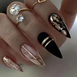 Dark Gothic Gold-Plated Women Pointed Almond Press On Nails