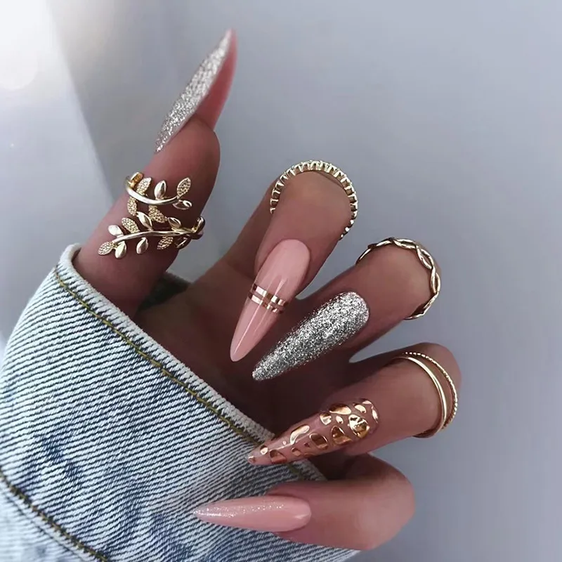 Long Pointed Flash Leopard Nail Art Gold Foil Line Press On Nails