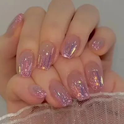Short Ballet False Nails Flash Pink Purple Sequins Aurora Stars