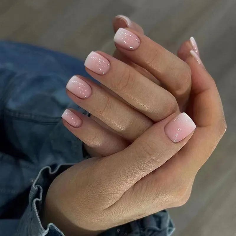 Short Square Girl Gradient Nail Art Sweet And Gentle Press On Nails