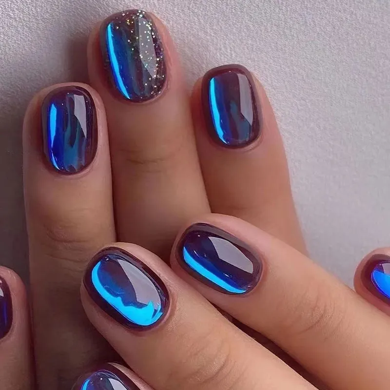 Short Flash Aurora Galaxy Blue Glitter Nail Art - Starry Sky Wearable Nails