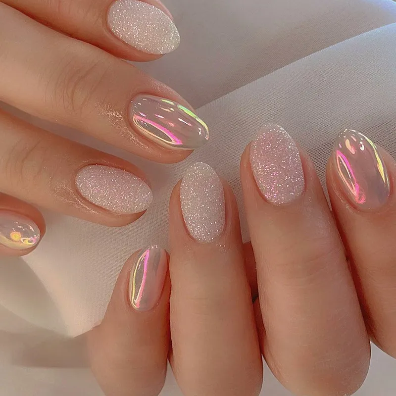Sweet Girl Nail Art Aurora Glitter False Nails Oval Wearable