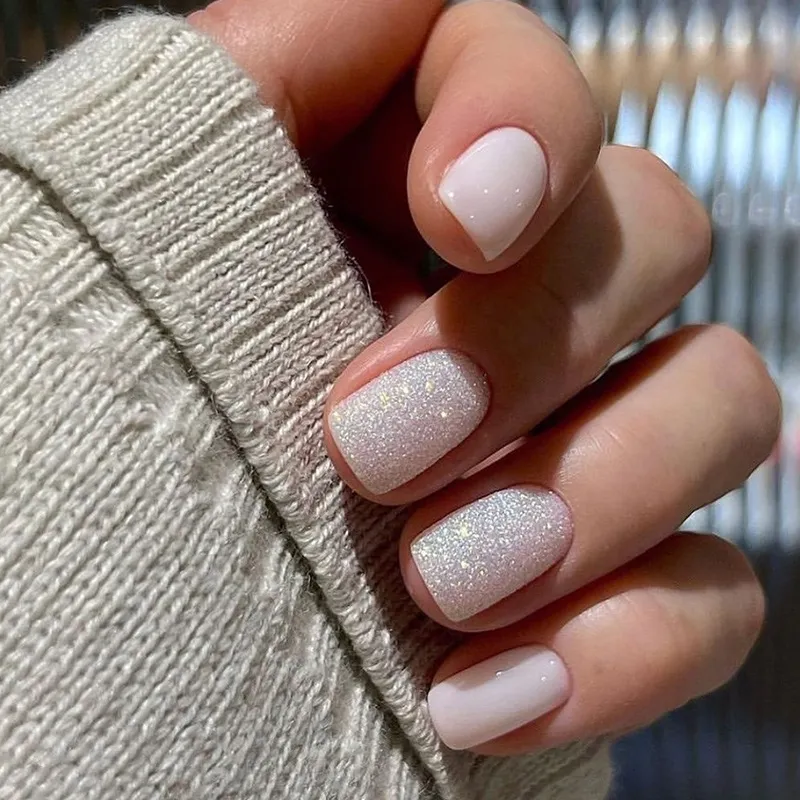Pink Aurora Glitter Short Wearable False Nail Sweet Cute