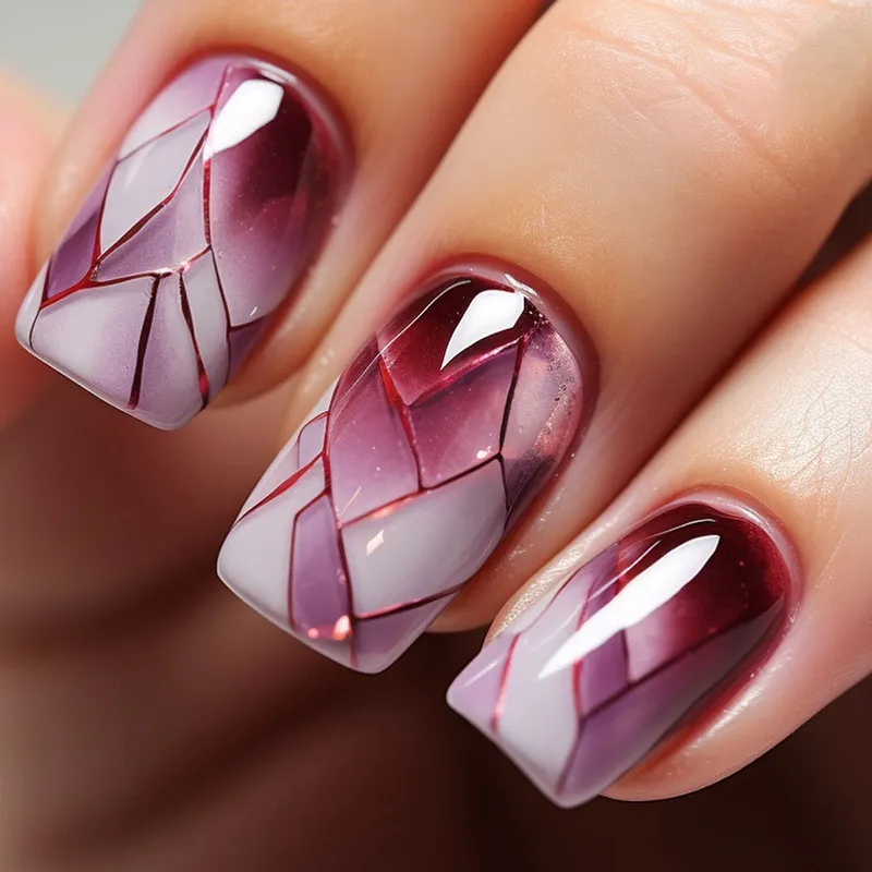 Square Medium-Length Broken Crack Burgundy Glass Press On Nails