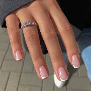 Simple Pink Glitter White Removable False Nails Short Wearable