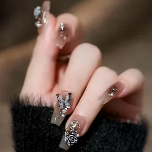 Dark Color Gothic White Medium Armor Crystal Butterfly Camellia Press On Nails