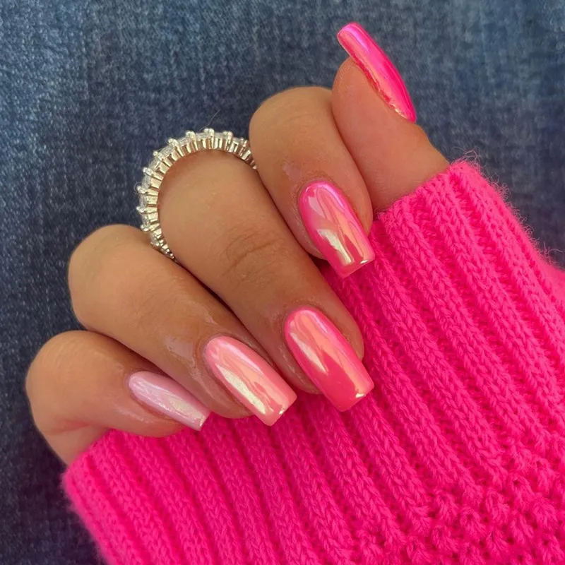 Mid-Length Aurora Powder Rose Coffin Press On Nails for Women