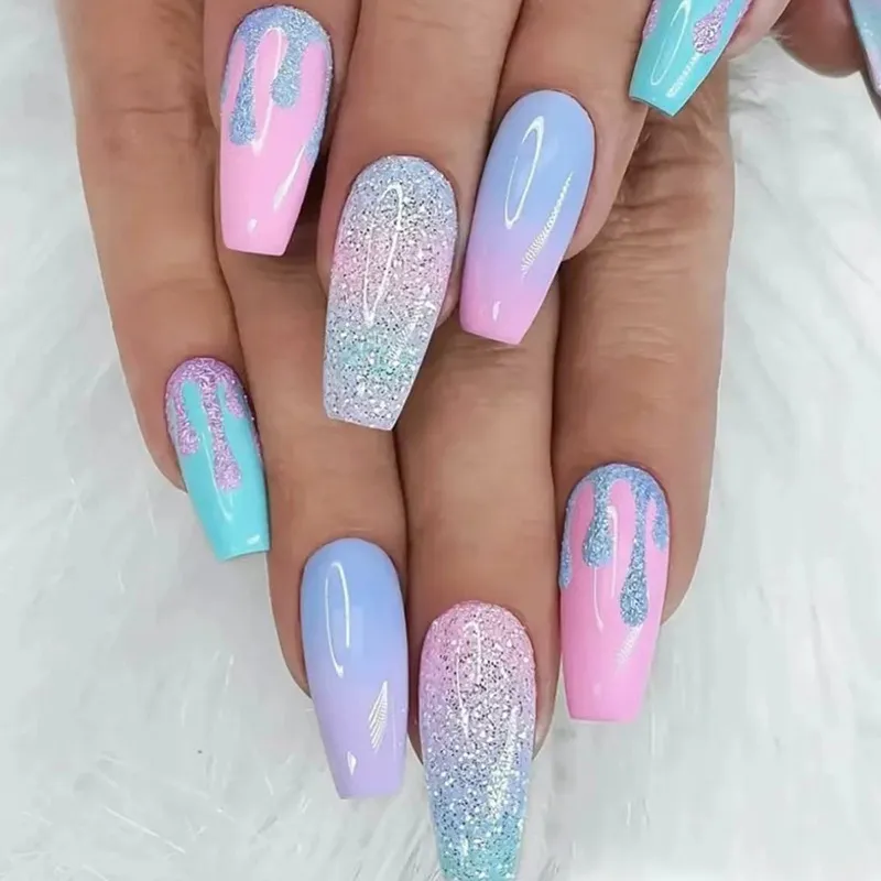 Macaron Color Glitter Sweet Ballet False Nails for Summer