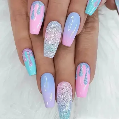 Sweet Flash Girl Macaron Color Gradient Nail Art Summer Cute Glitter False Nails