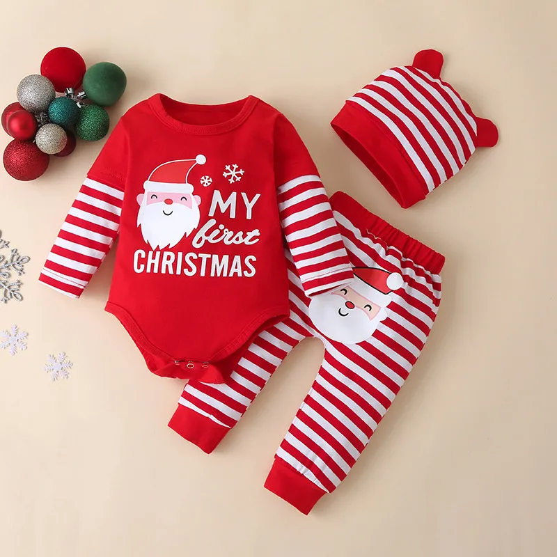 Kids Baby Boys Girls Casual Cute Christmas Cartoon Stripe Print Long Sleeve Romper Trousers Sets
