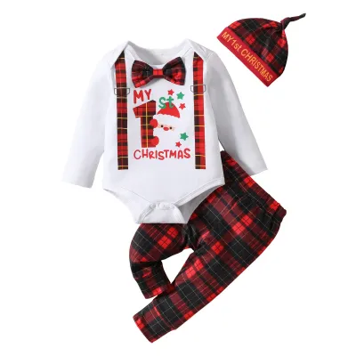Kids Baby Boys Casual Cute Christmas Cartoon Print Long Sleeve Romper Plaid Trousers Set