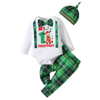 Kids Baby Boys Casual Cute Christmas Cartoon Print Long Sleeve Romper Plaid Trousers Set