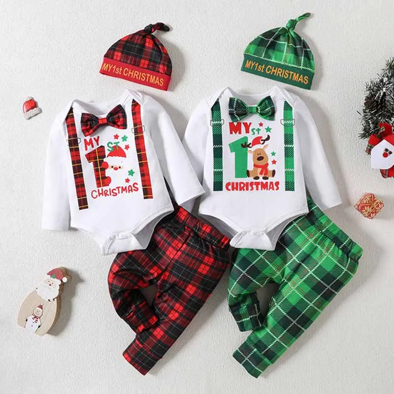 Kids Baby Boys Casual Cute Christmas Cartoon Print Long Sleeve Romper Plaid Trousers Set