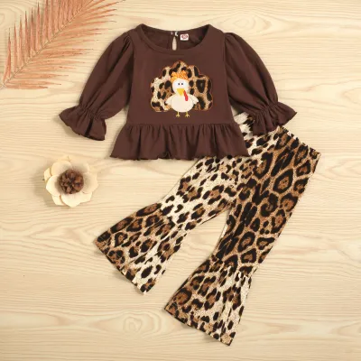 Kids Toddler Girls Casual Cute Thanksgiving Cartoon Print Long Sleeve Top Leopard Flare Trousers Sets