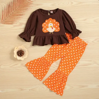 Kids Toddler Girls Casual Cute Thanksgiving Cartoon Print Long Sleeve Top Leopard Flare Trousers Sets