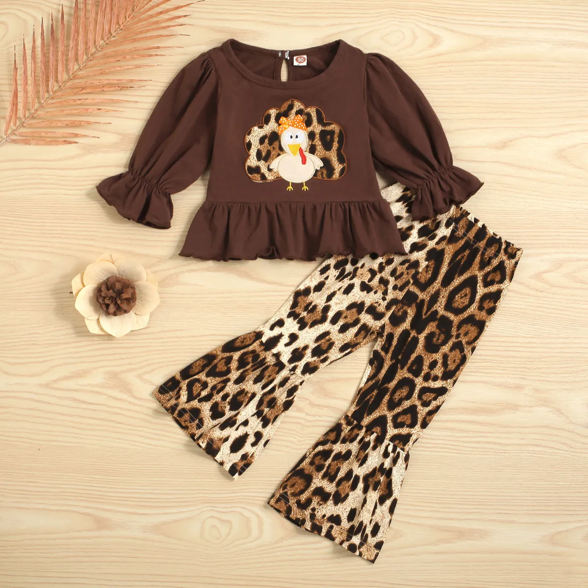 Kids Toddler Girls Casual Cute Thanksgiving Cartoon Print Long Sleeve Top Leopard Flare Trousers Sets