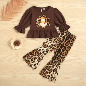 Kids Toddler Girls Casual Cute Thanksgiving Cartoon Print Long Sleeve Top Leopard Flare Trousers Sets