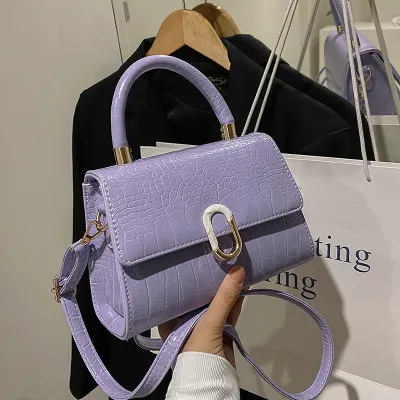 Women Fashion Solid Color Square Crocodile Pattern Flap Handle Shoulder Bag