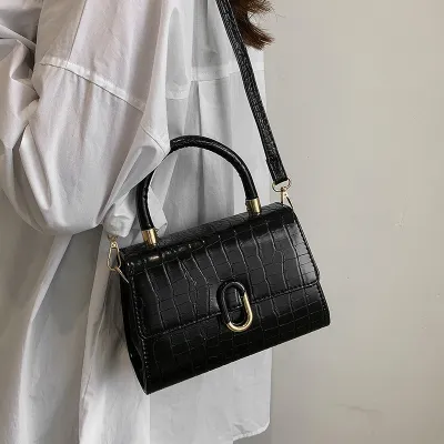 Women Fashion Solid Color Square Crocodile Pattern Flap Handle Shoulder Bag
