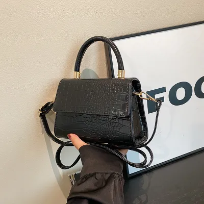 Women Fashion Solid Color Square Crocodile Pattern Flap Handle Shoulder Bag